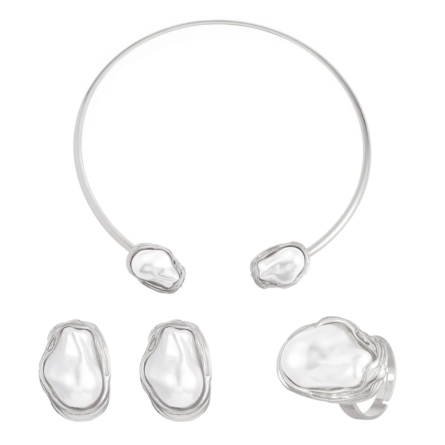 Trendy Baroque Pearl Necklace, Bracelet & Ring Set – Wedding & Party Jewellery for Women