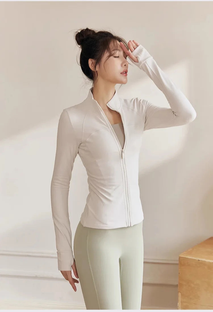 Women’s Zip-Up Long Sleeve Sports Jacket with Pockets – Quick Dry Yoga & Gym Top