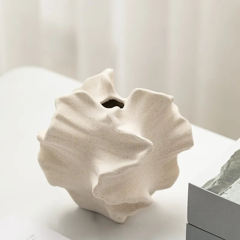Ceramic Flower Vase Geometric Wavy Petal Design Porcelain Vase Home Decor