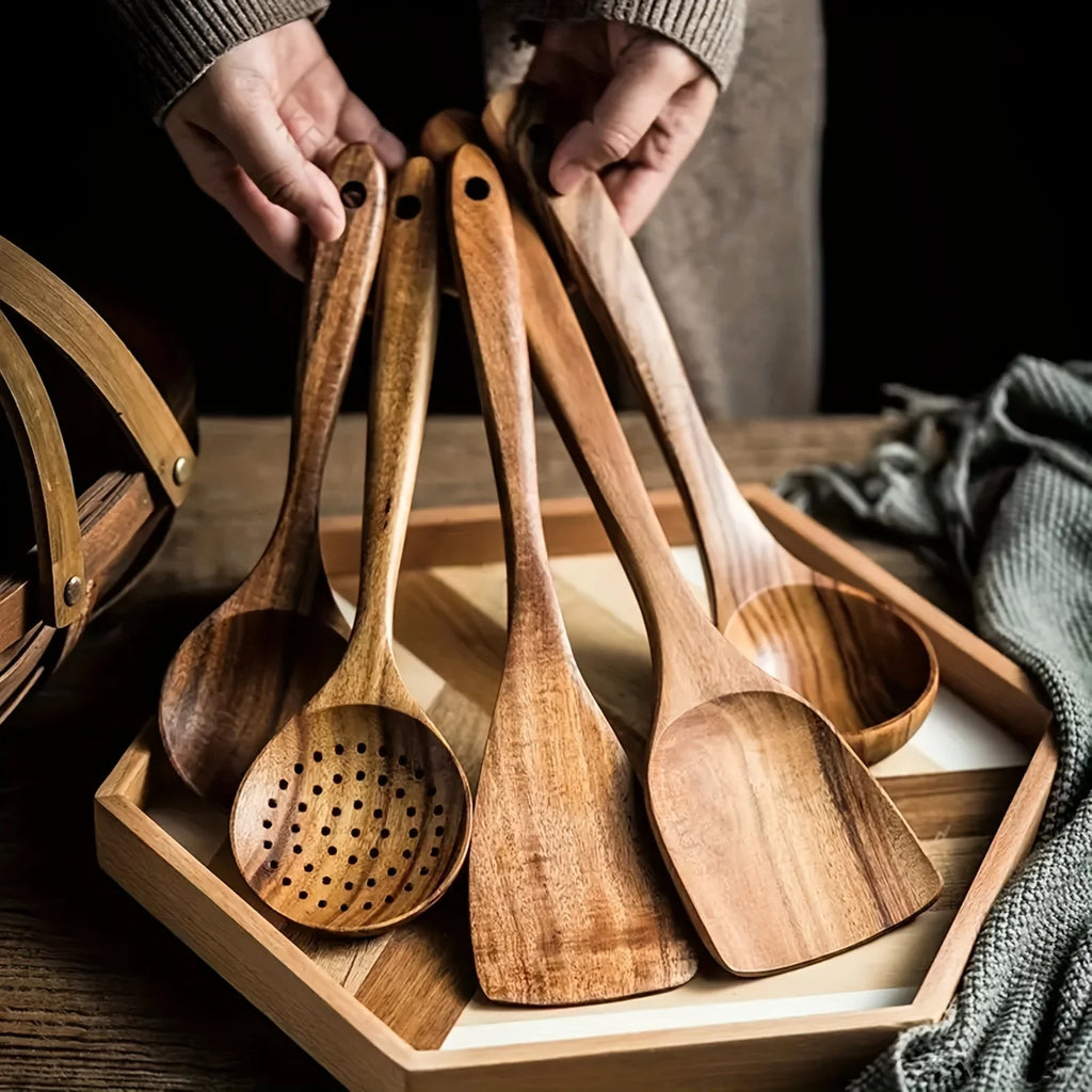 Bohemian Style 5PCS Wooden Kitchen Utensil Set Osier Pattern Spoon & Ladle Non-Stick Cookware Safe Natural Cooking Tools