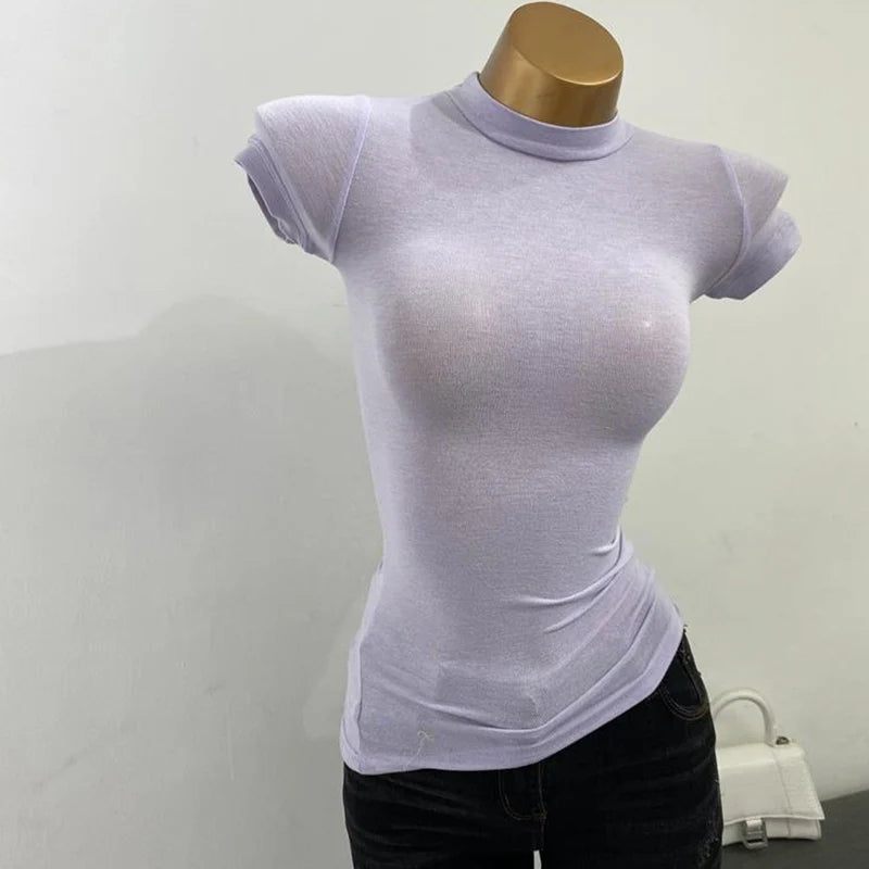 Women Korean Half Turtleneck Short Sleeve Slim Fit T-Shirt Stretch Bodycon Solid Basic Inner Layer Sexy Summer Top