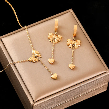 Gold Heart, Star & Flower Necklace and Earrings Set for Women – Waterproof Jewellery