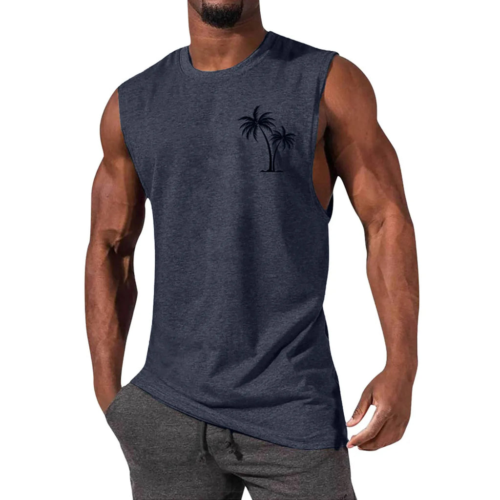 2025 Men'S Muscle Fitness Shirt Sports T-Shirt Gym Training Shirt Summer Casual Vest Tree Print Sleeveless Round Neck