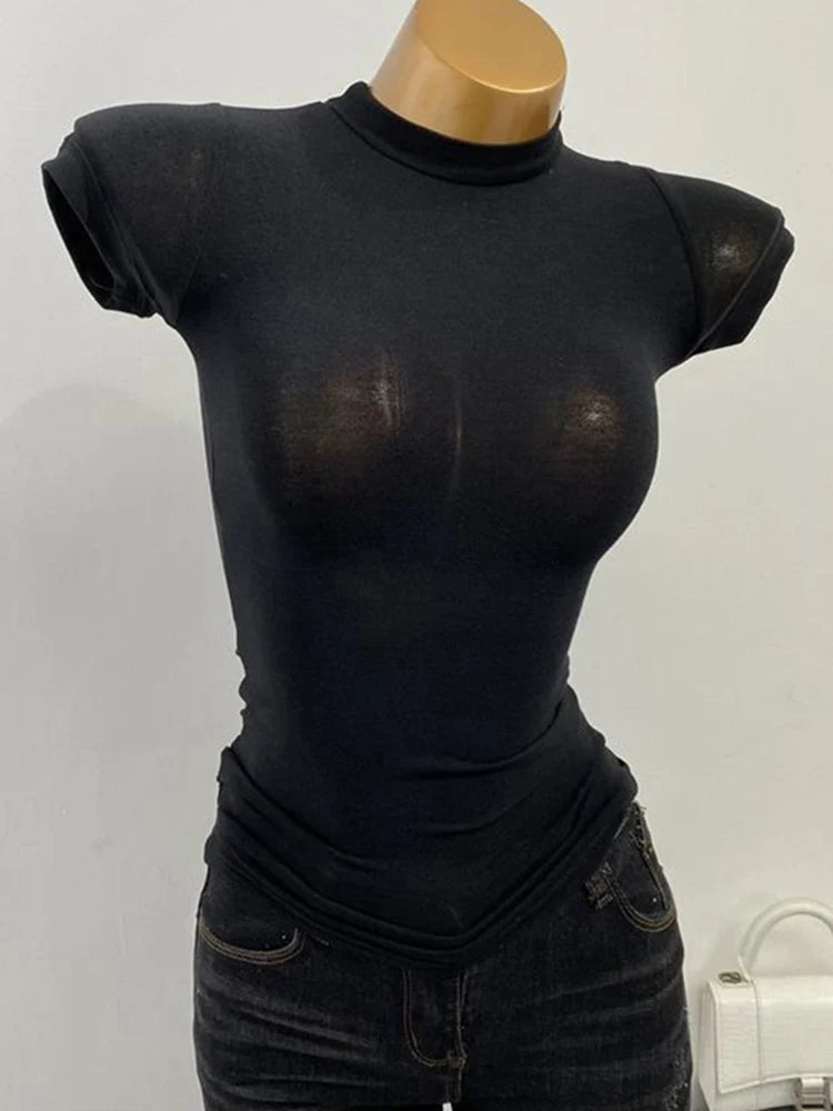 Women Korean Half Turtleneck Short Sleeve Slim Fit T-Shirt Stretch Bodycon Solid Basic Inner Layer Sexy Summer Top