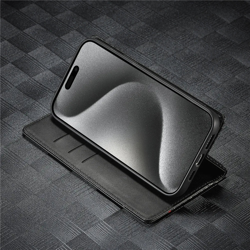 Carbon Fibre PU Leather Wallet Flip Case for iPhone with Card Slot & Magnetic Cover