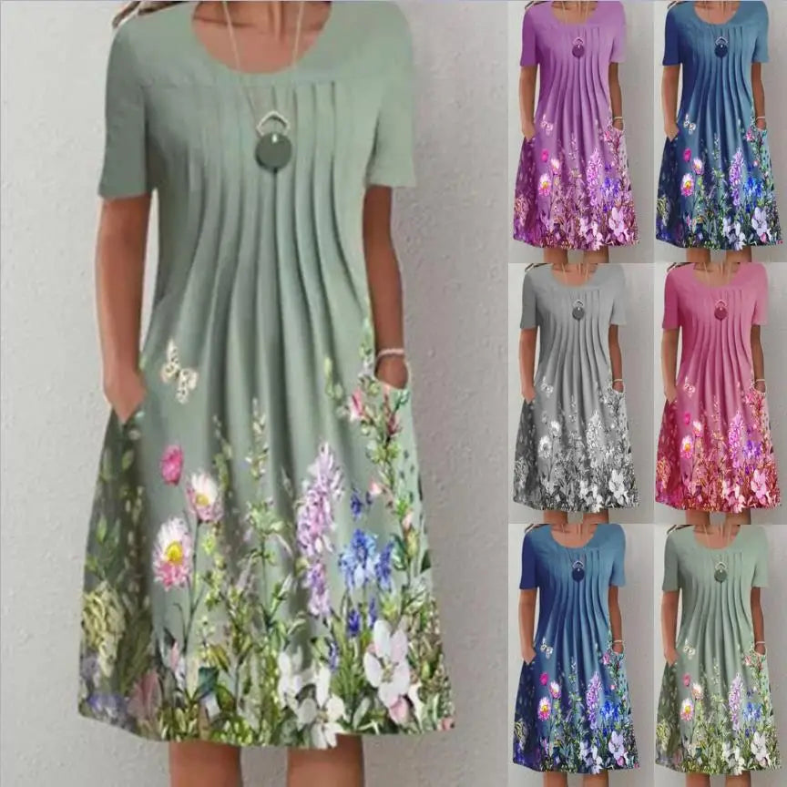 Summer Women’s Floral O-Neck Dress – Casual Knee-Length Short Sleeve A-Line Dress