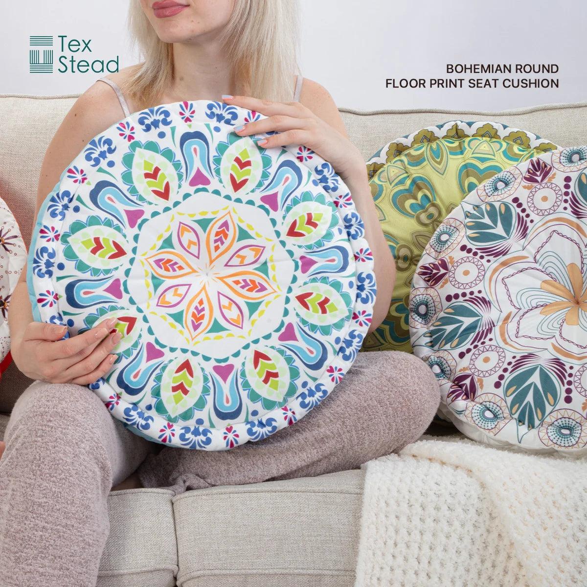Bohemian Round Floor Cushion, Mandala Print Thickened Seat Pillow with Handle, Short Plush Soft Meditation Cushion for Yoga Livi