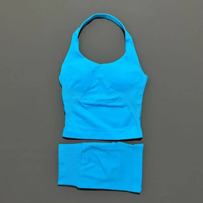 2 Pcs HISTELLO Halter Top Strappy Bra Shorts Set Women Yoga Workout Clothes Seamless Vest Hip-Lifting Sports Leggings Gym Suit