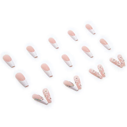 24pcs Long Coffin French Ballerina False Nails with Glue – Full Cover Press-On Tips