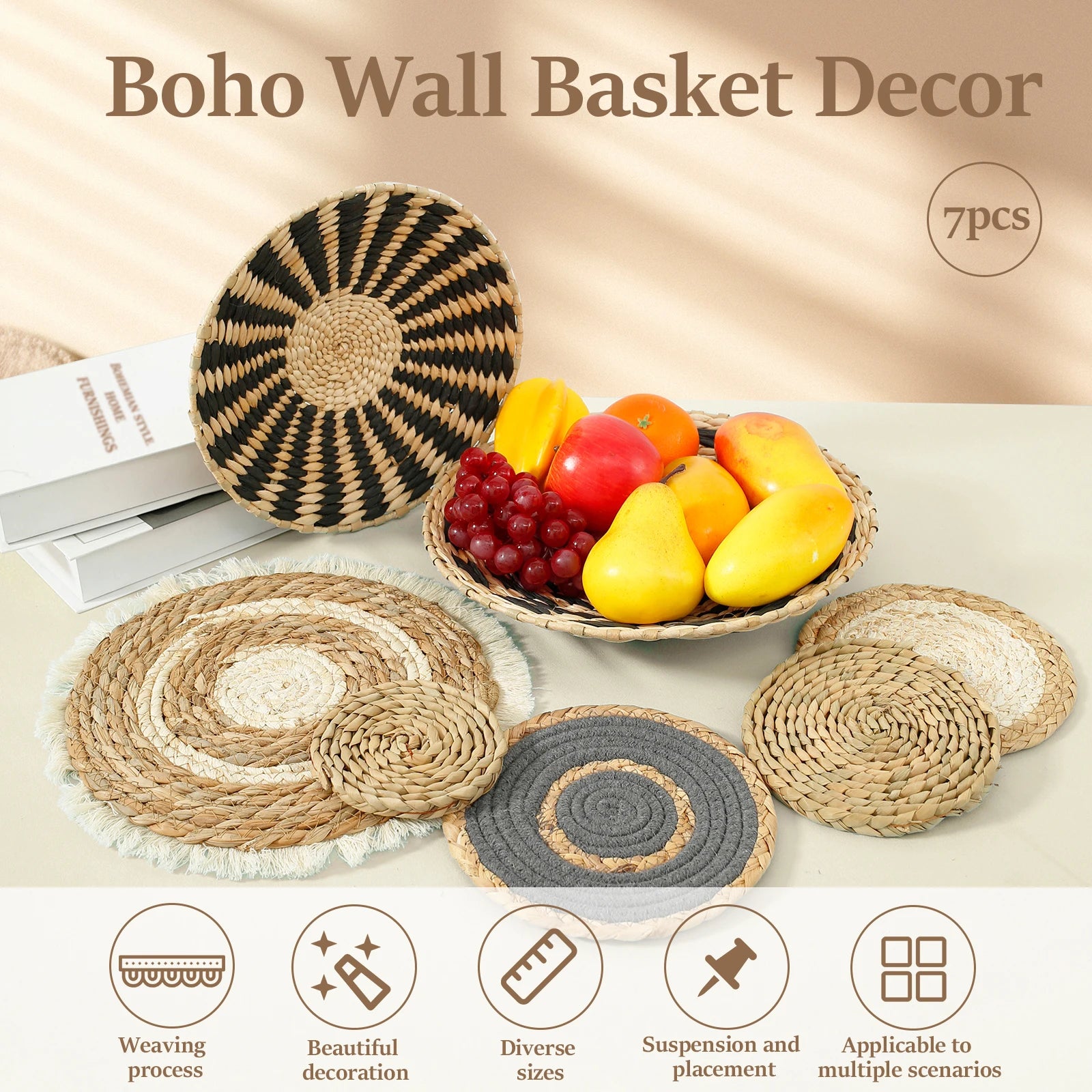7PCS Boho Seagrass Wall Basket Decor – Handmade Farmhouse Wall Hanging