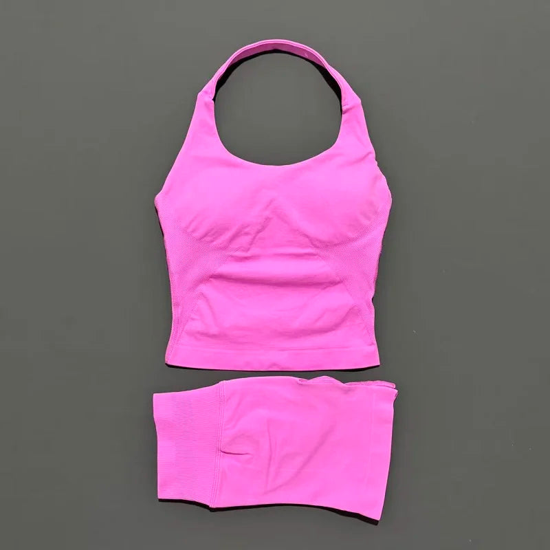 2 Pieces Impact Halter Top Strappy Bra Shorts Set Women Seamless Yoga Gym Leggings Set Running Fitness Sports Shorts Suit