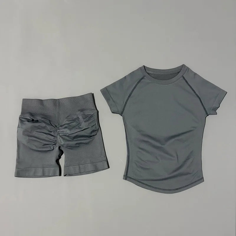 2 Pcs HISTELLO Impact Sports Sets Short Sleeve Seamless Yoga Top Fitness Set Women Workout Running Sports Shorts Gym Suit