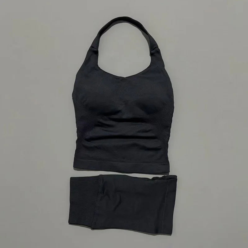 2 Pieces Impact Halter Top Strappy Bra Shorts Set Women Seamless Yoga Gym Leggings Set Running Fitness Sports Shorts Suit