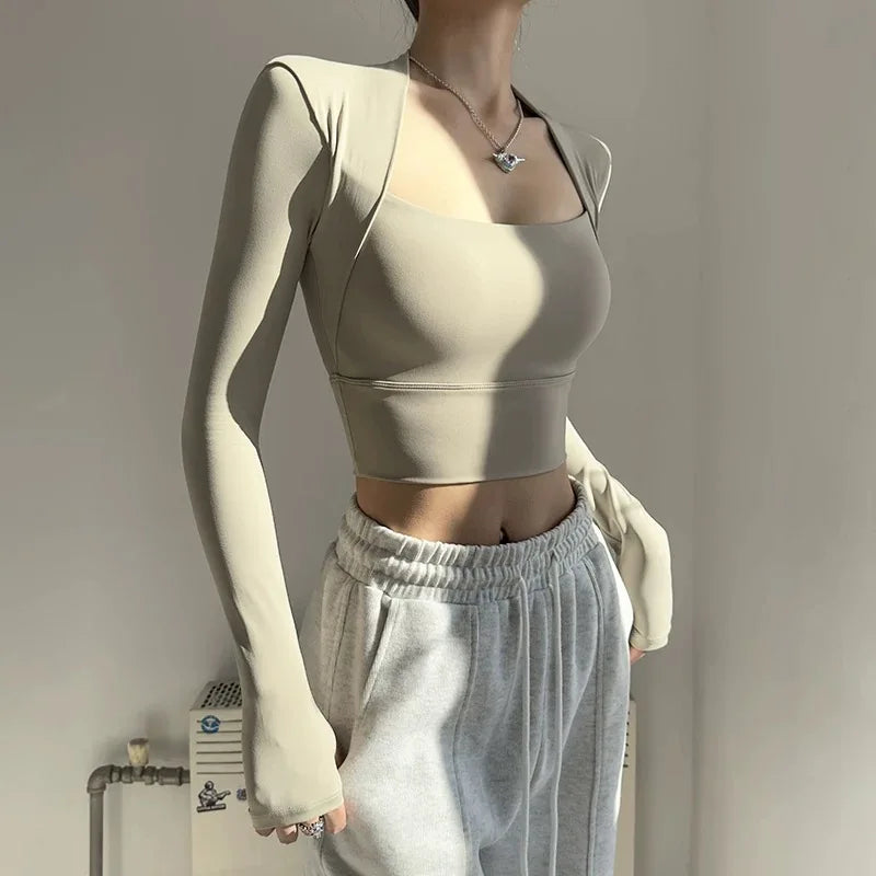 Fitness Chest Cushion Sports Top Women Long Sleeve Shirts Pra Speed Up Short Elegant Dance Yoga Clothes Small Waistband Gym