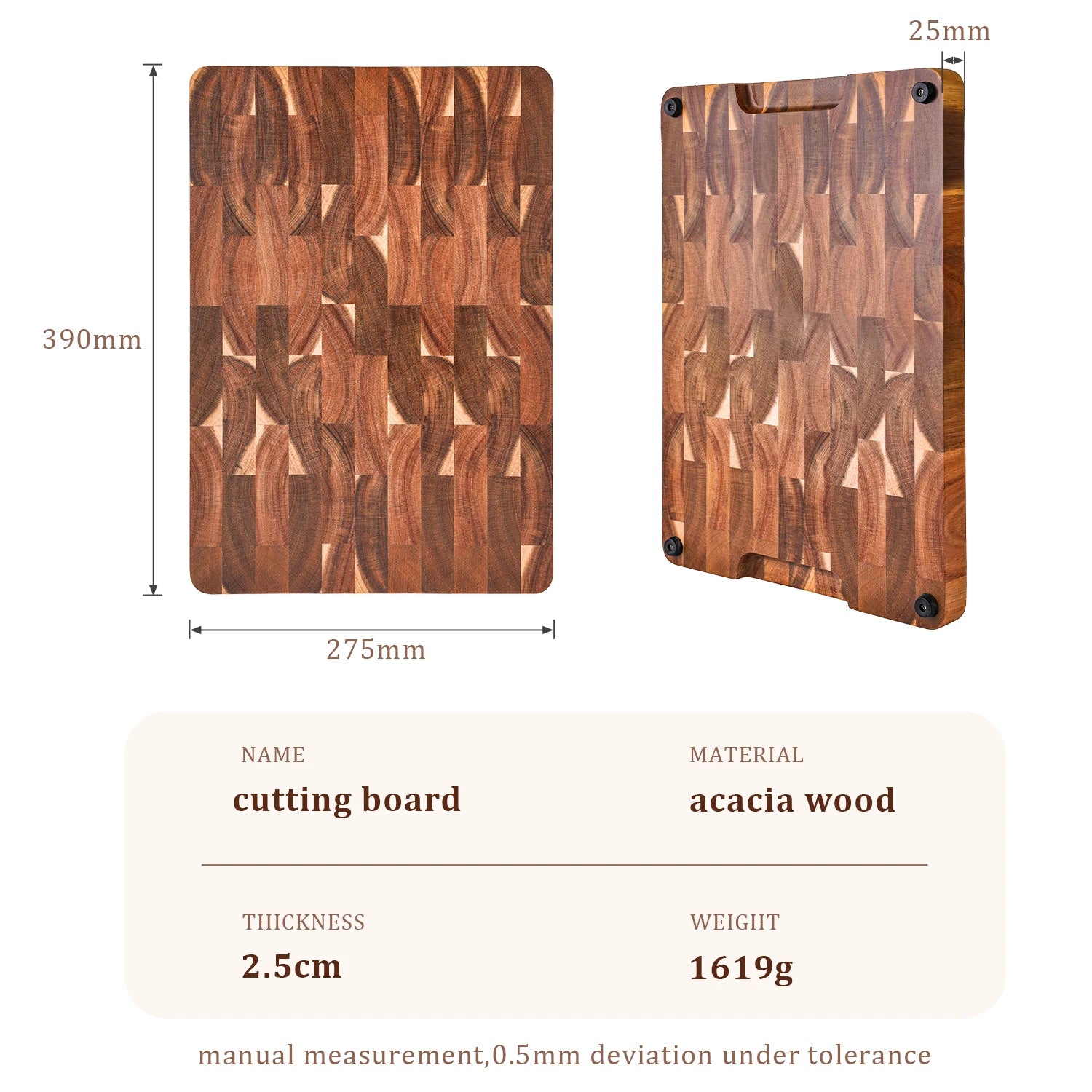 15 Inch End Grain Acacia Wood Cutting Board Rectangular Chopping Board with Side Handle Butcher Block