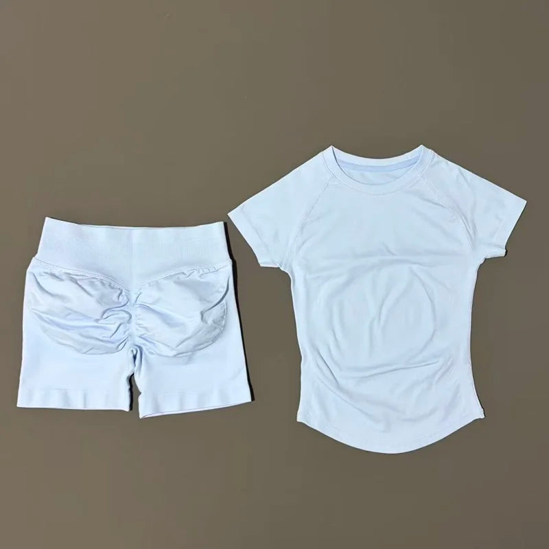 2 Piece Impact Sports Set Women Gym Yoga Set Seamless Fitness Gym Clothes Sportswear Short Sleeve Top Sports Short Leggings Suit