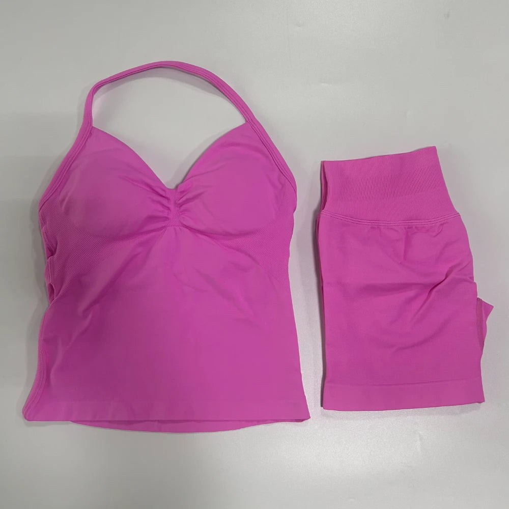 No Logo 2Pcs Gym Set Women Backless Tank Tops High Waist Scrunch Seamless Shorts Gym Suit Fitness Clothes Activewear Workout Set