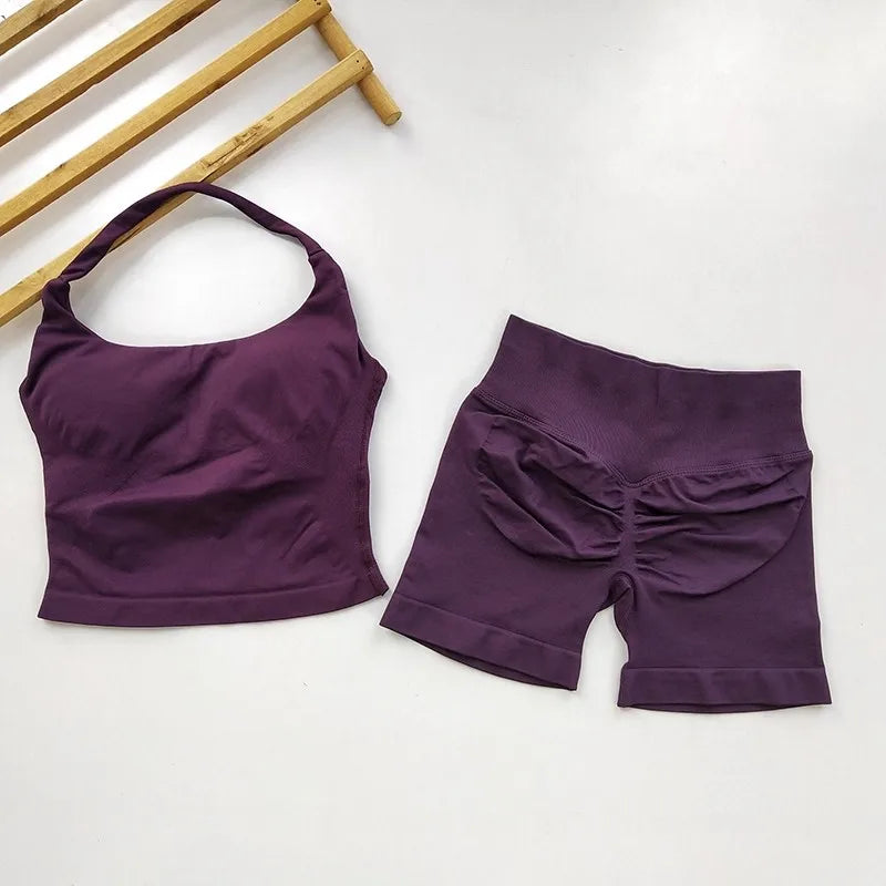 Yoga 2 Pieces Gym Set Women Backless Halter Tops High Waist Seamless Shorts Gym Suit Fitness Sports Bras Sportswear Workout Sets