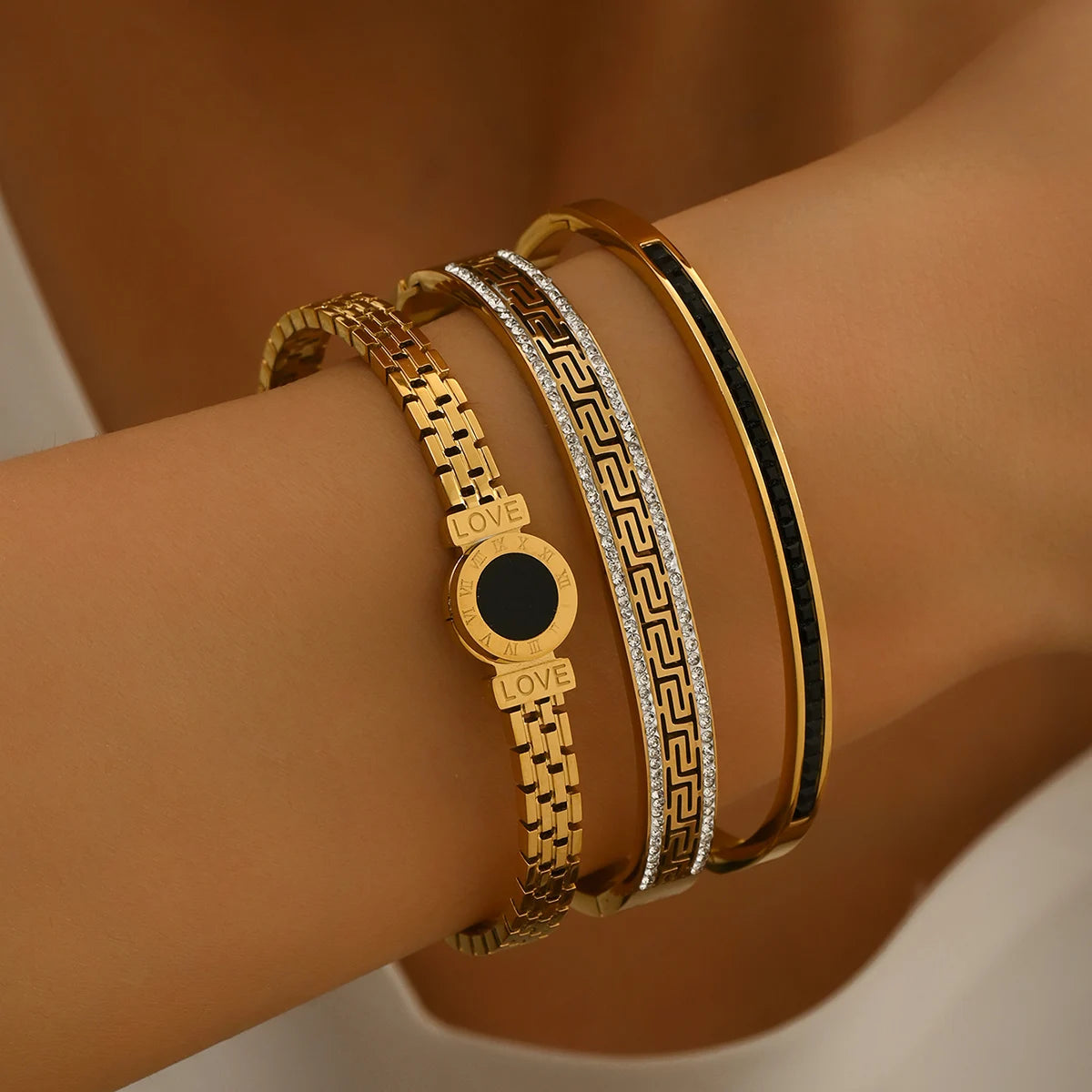 Luxury Black Zircon Stainless Steel Bracelet Set – Waterproof, Elegant & Durable (1/3pcs)