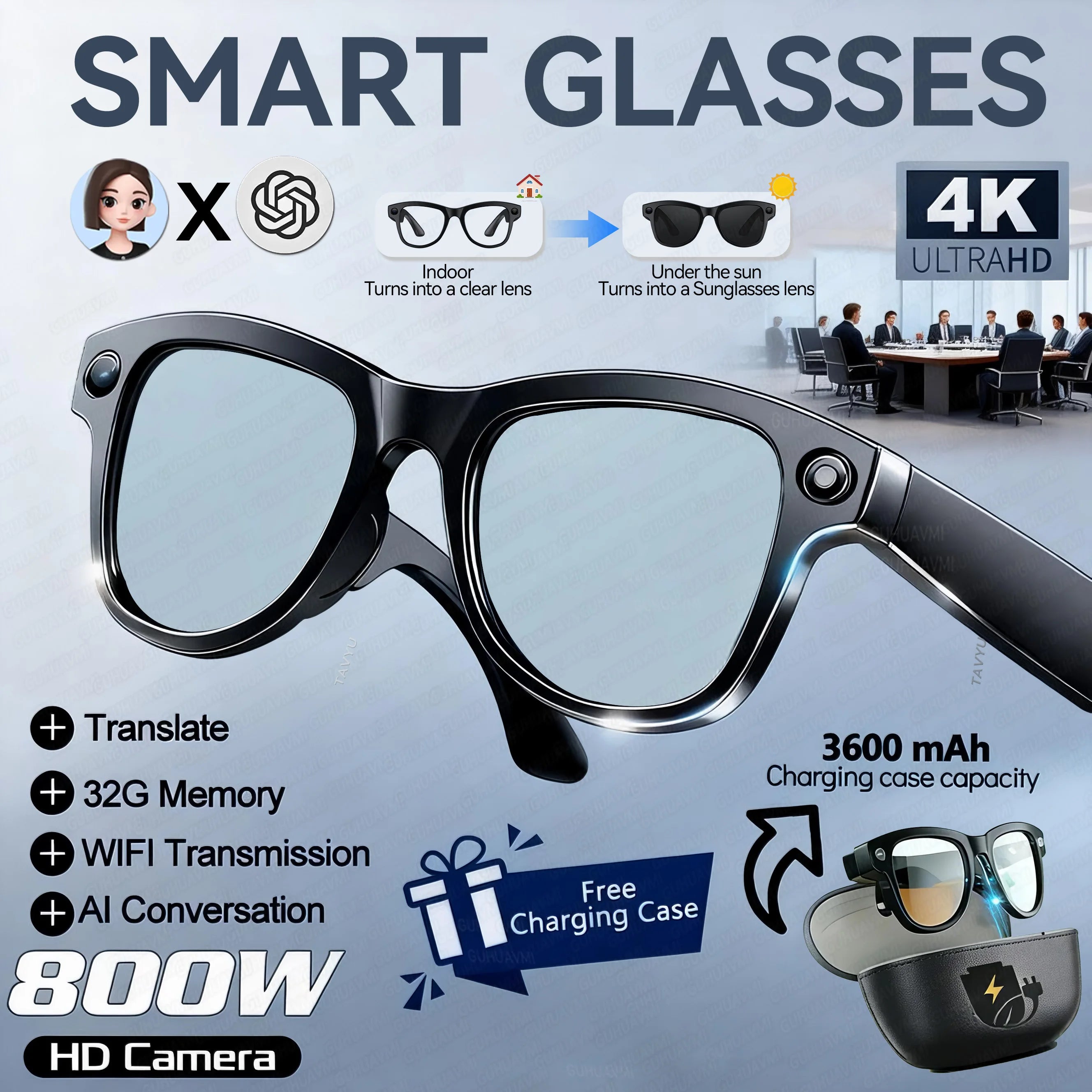 AI Smart Glasses 800W HD Pixel Camera Video Recording Outdoor Sport Sunglasses ChatGpt Translation Voice Call Bluetooth glasses