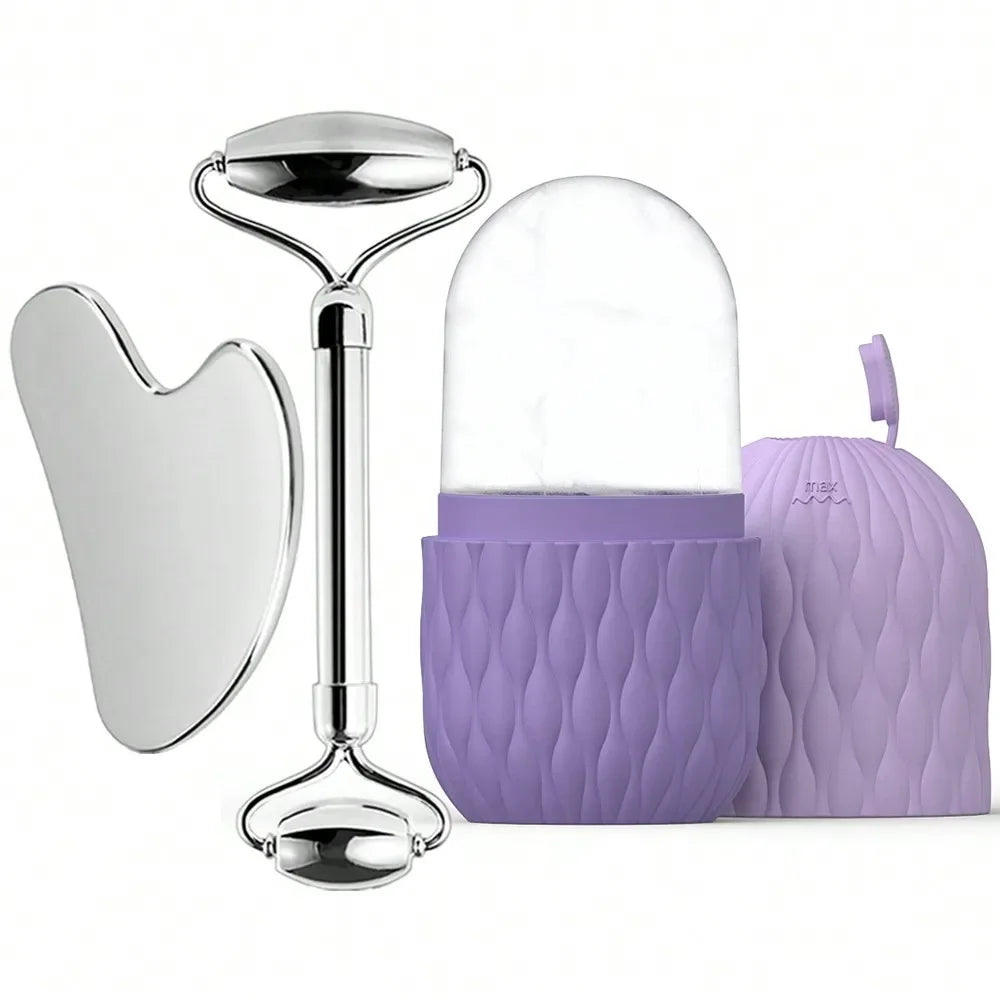 Ice Face Roller & Gua Sha Set – Stainless Steel Facial Massager for Lifting & Contouring