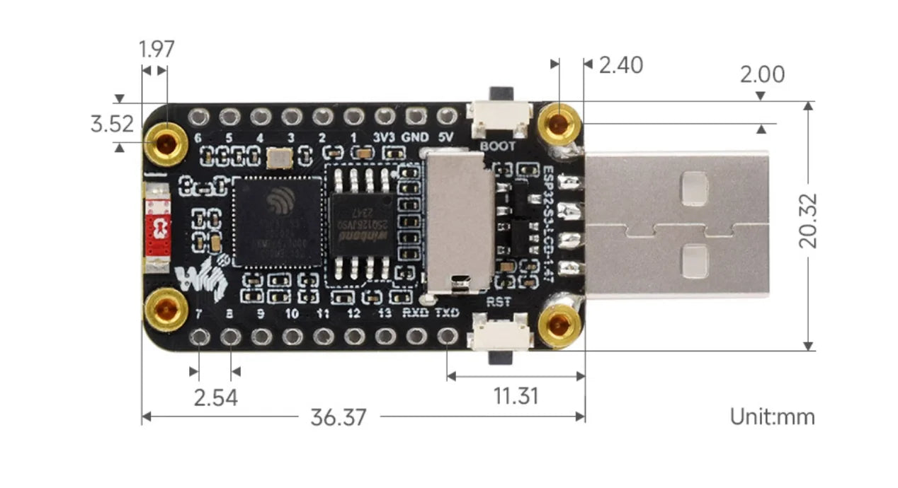 ESP32-S3 1.47-inch LCD Development Board with 8MB PSRAM, 16MB Flash, Wi-Fi/BLE 5, MicroSD Slot, and RGB LED