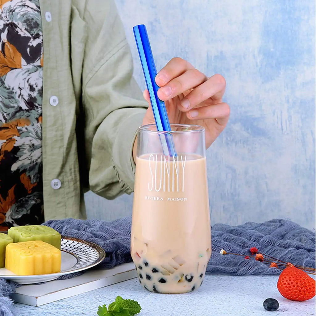 Reusable Boba Drinking Straws with Cleaning Brush 4Pcs Extra Wide Stainless Steel Metal Bubble Tea Straw for Smoothie MilkShakes