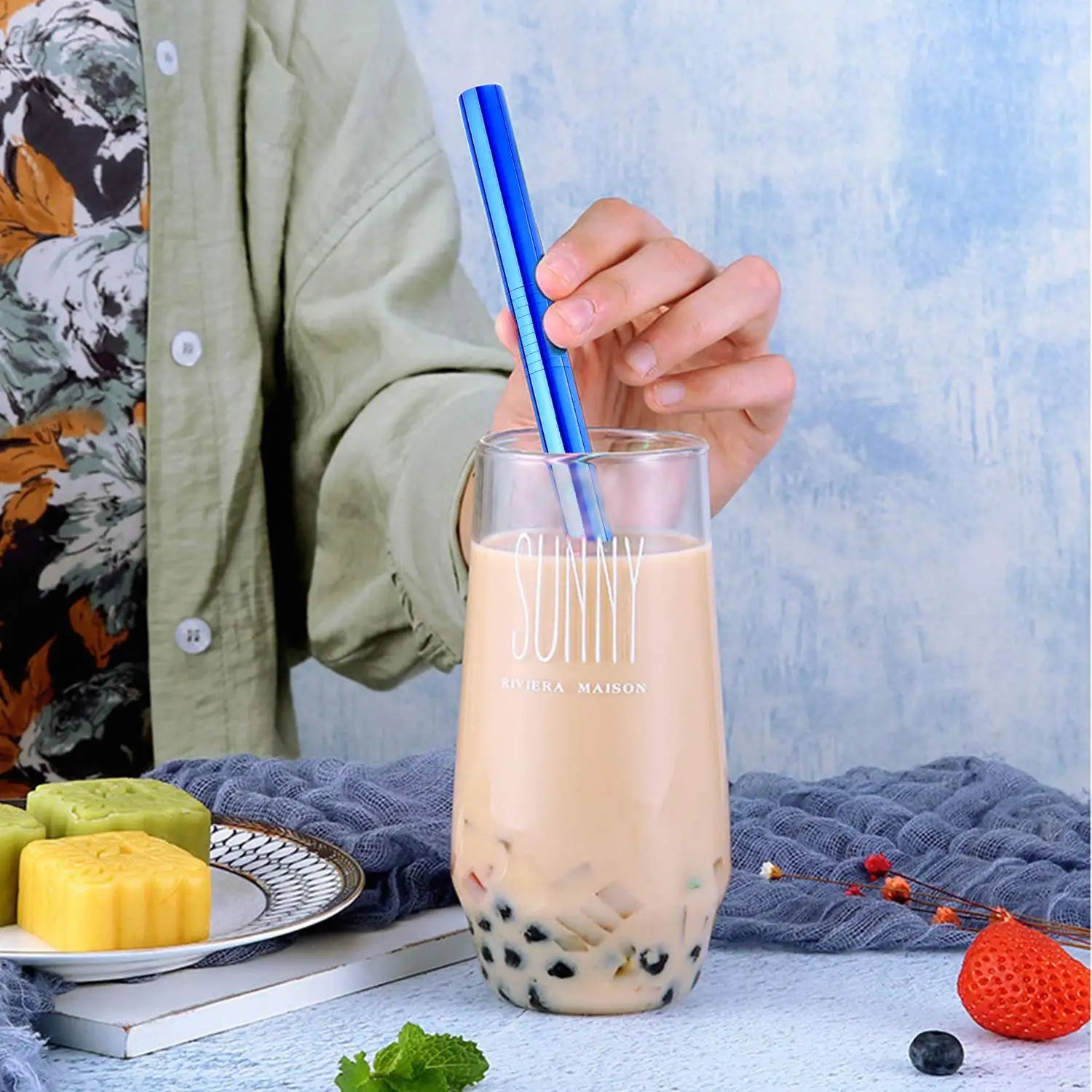 Reusable Boba Drinking Straws with Cleaning Brush 4Pcs Extra Wide Stainless Steel Metal Bubble Tea Straw for Smoothie MilkShakes