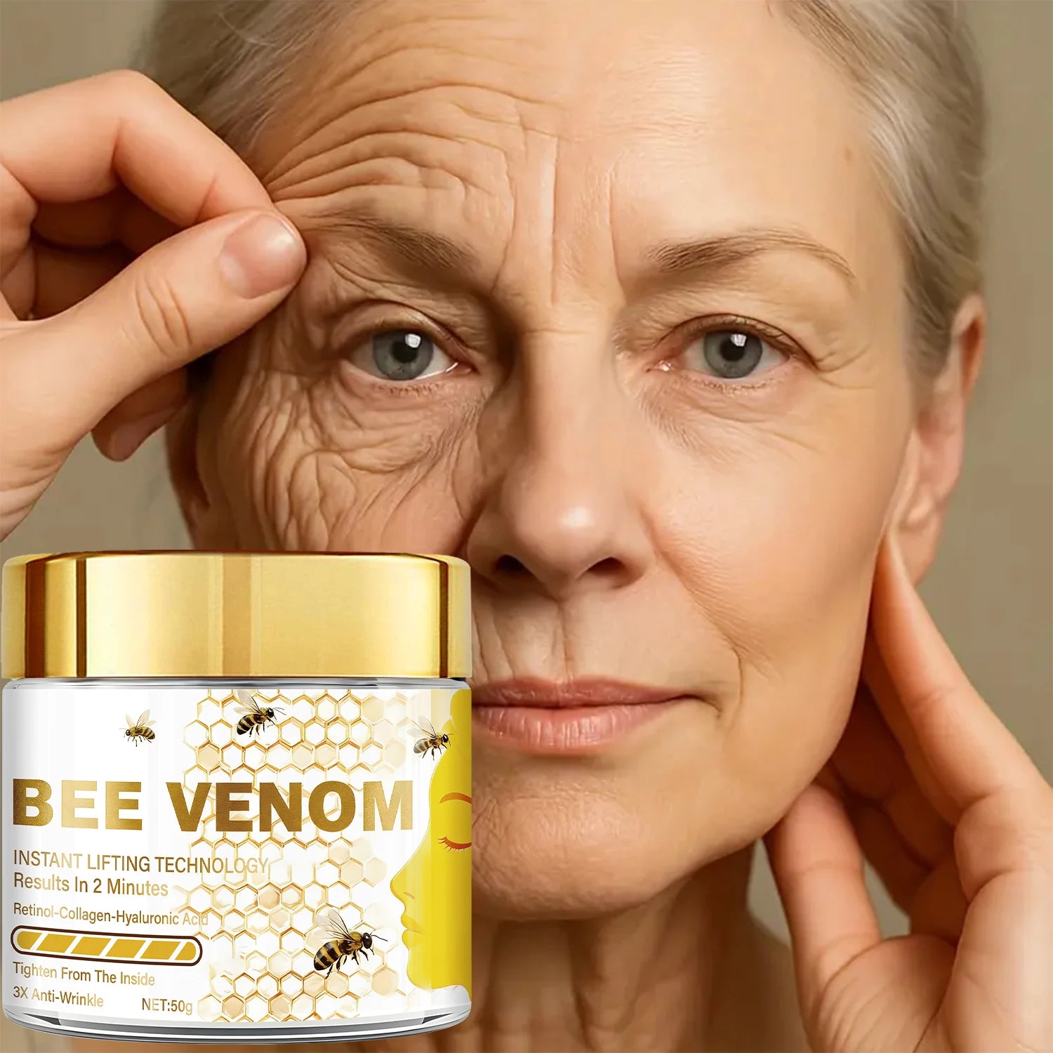 Bee venom instant lifting face cream, containing retinol and collagen, deeply penetrates, tightens and moisturizes