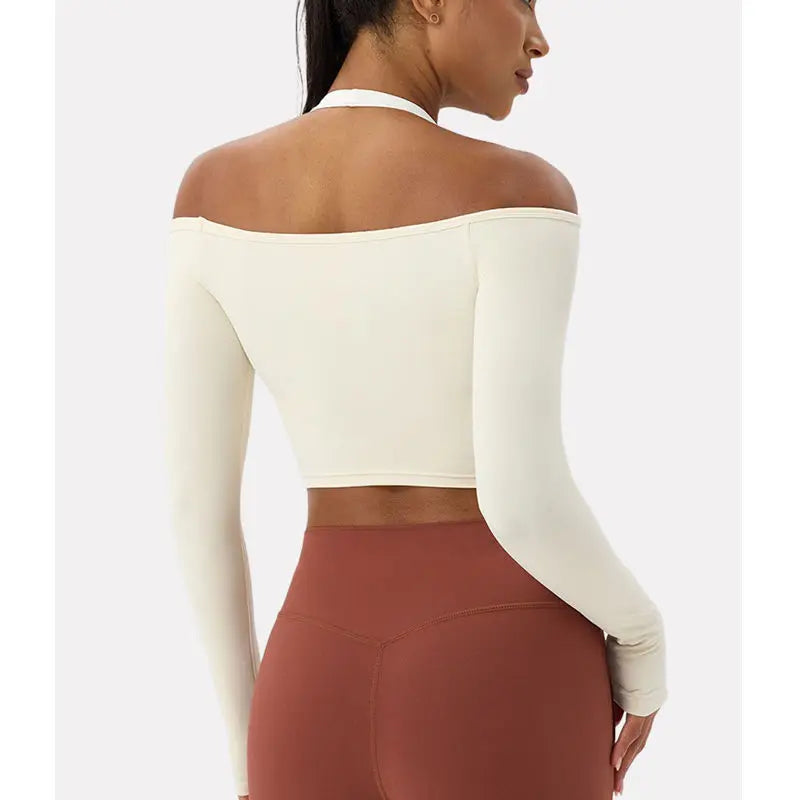 Women Sexy Off Shoulder Yoga Top Long Sleeve Gym Running Top Solid Quick-Dry Sport Workout Shirt