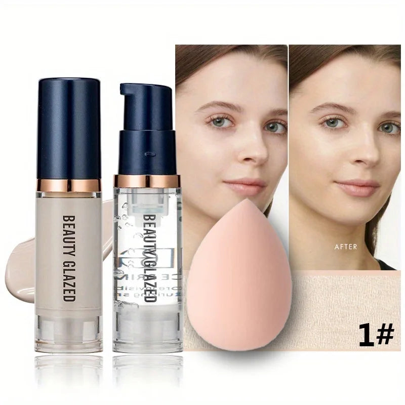 3-Piece Face Makeup Set – Matte Waterproof Liquid Foundation Primer & Makeup Puff