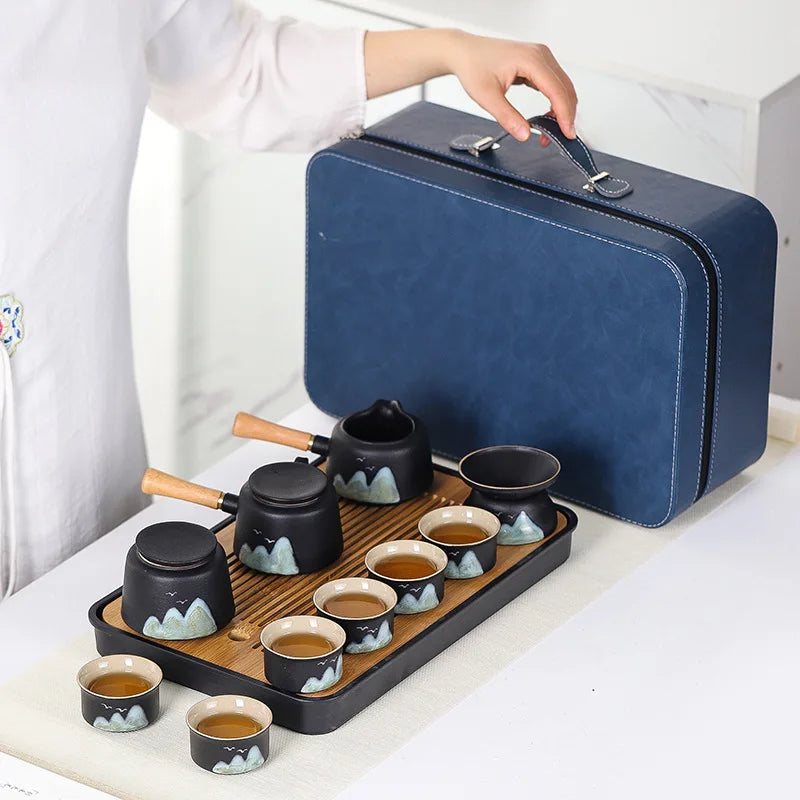 11PCS Japanese Travel Tea Set – Ceramic Teapot Cups with Bamboo Tray