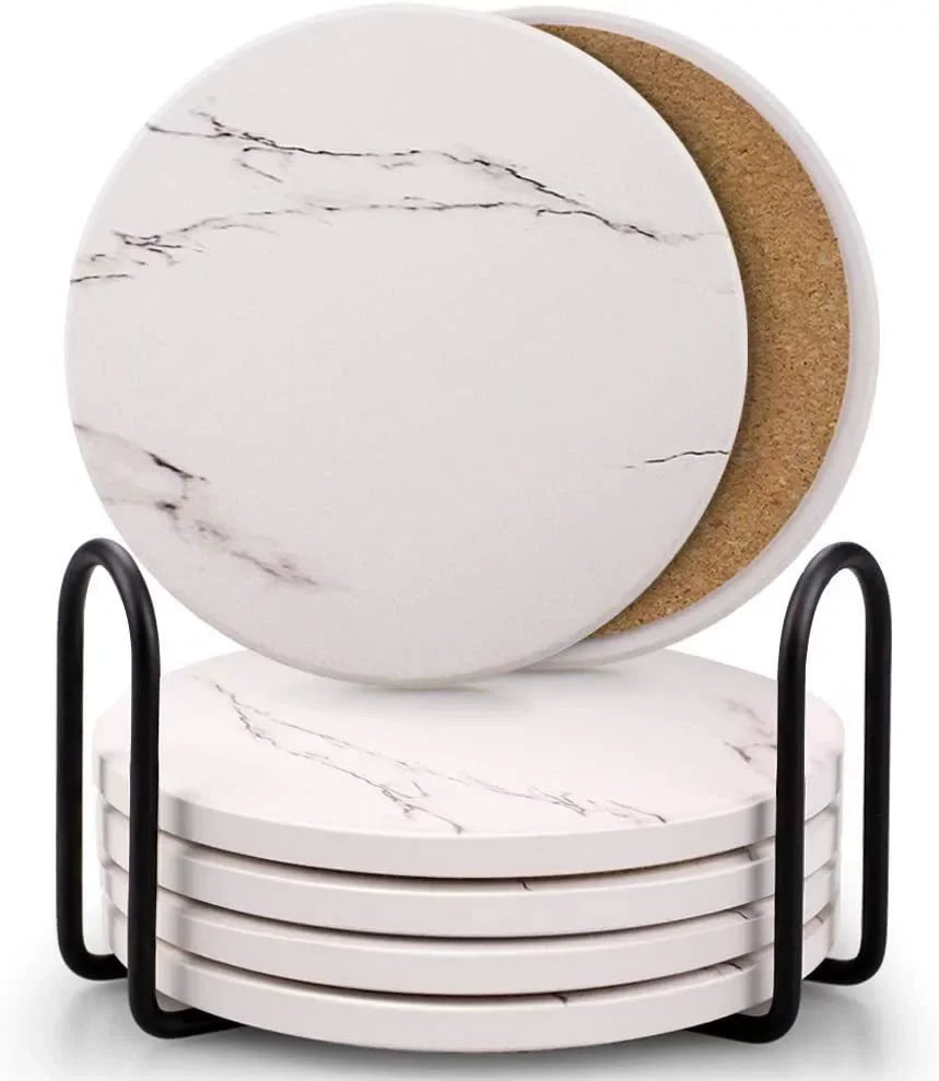 6PCS Ceramic Marble Coaster Set with Holder – Beverage Cup Coasters