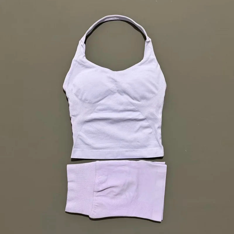 2 Pcs HISTELLO Halter Top Strappy Bra Shorts Set Women Yoga Workout Clothes Seamless Vest Hip-Lifting Sports Leggings Gym Suit