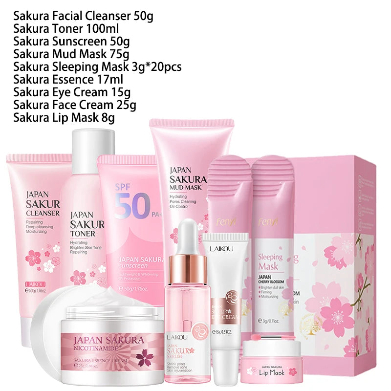 9-Piece Sakura Skincare Set – Facial Cleanser Cream Sunscreen & Masks for Glowing Skin