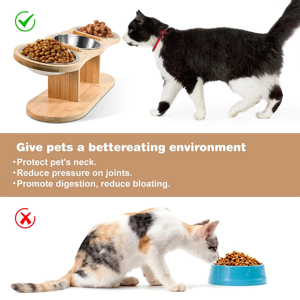 Raised Cat Feeder 3 in 1 – Stainless Steel Bowls with Wood Stand