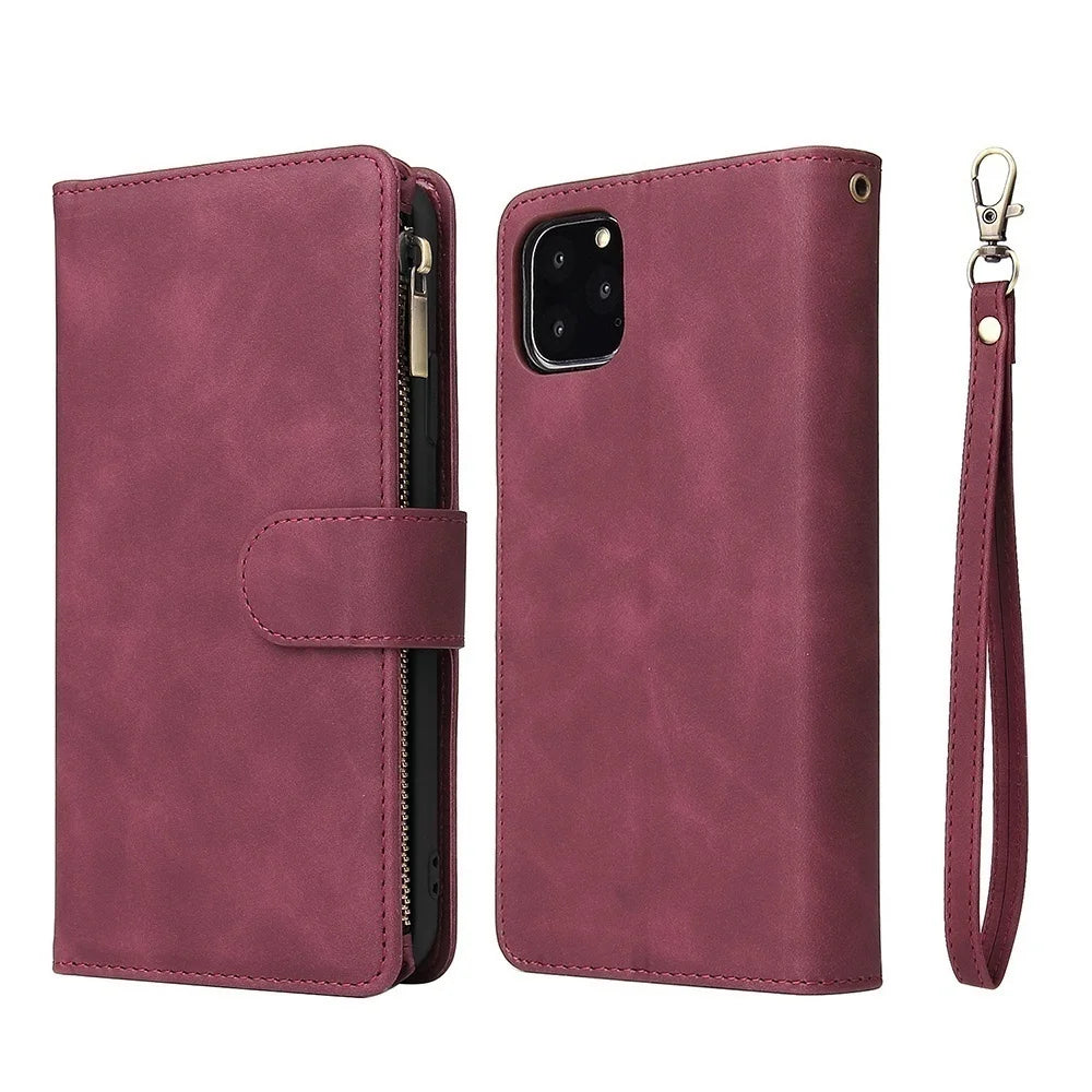 iPhone Leather Wallet Case – Magnetic Flip with Card Slots & Zipper