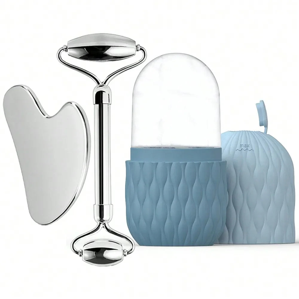 Ice Face Roller & Gua Sha Set – Stainless Steel Facial Massager for Lifting & Contouring