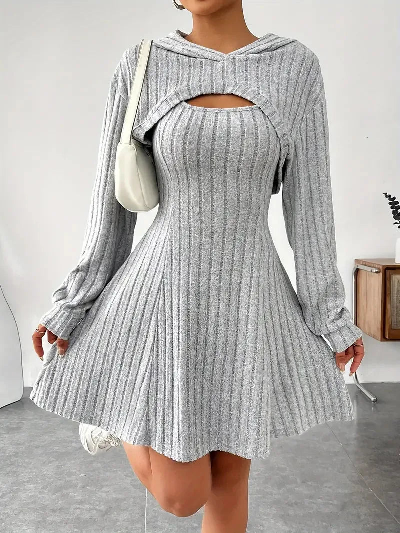 Women's Two-Piece Autumn Outfit – Long Sleeve Hooded Top & Sleeveless A-Line Dress