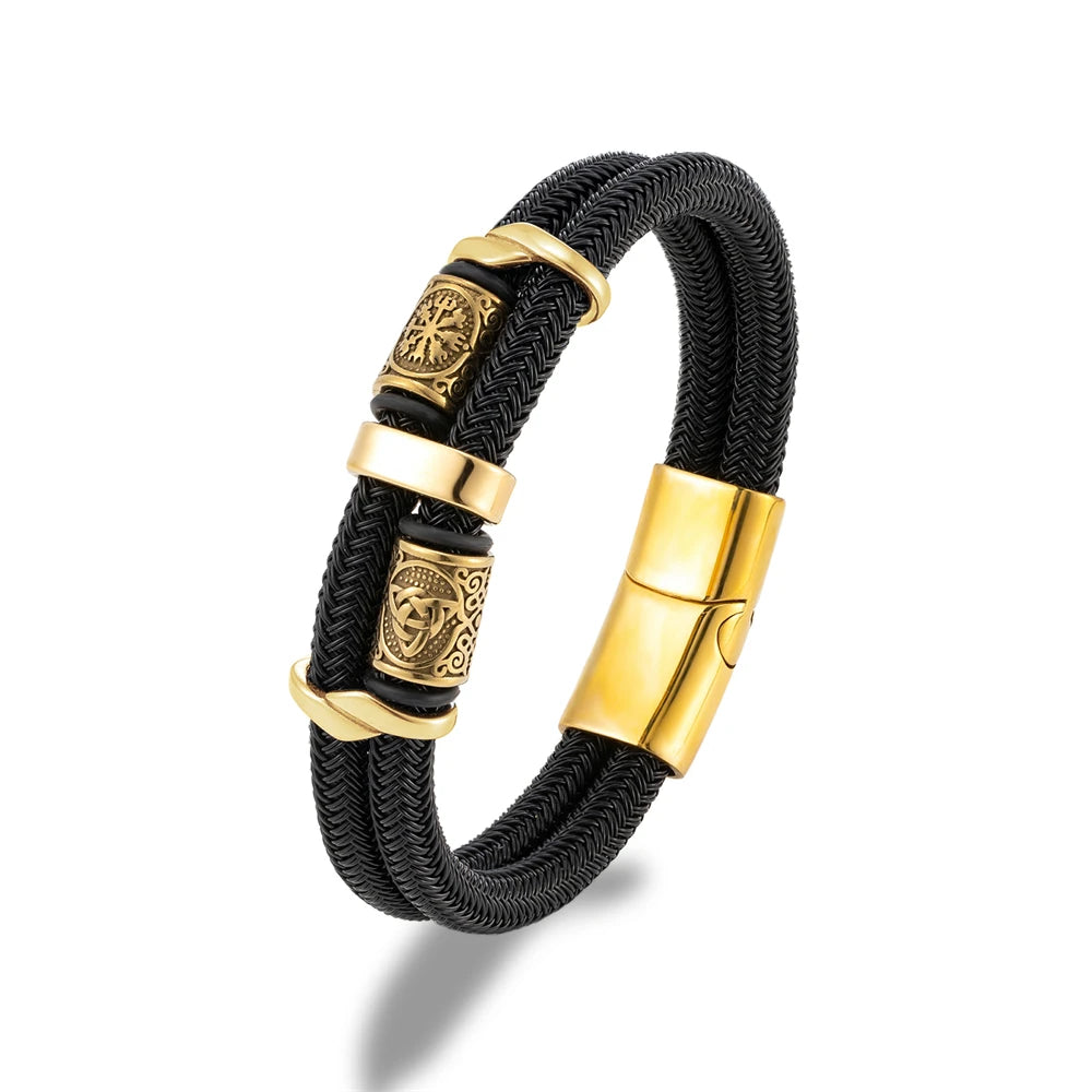 Vikings Runes Double-Layer Unfading Steel Wire Rope Bracelets Men Norse Gold Color Stainless Steel Wristband Luxury Male Jewelry