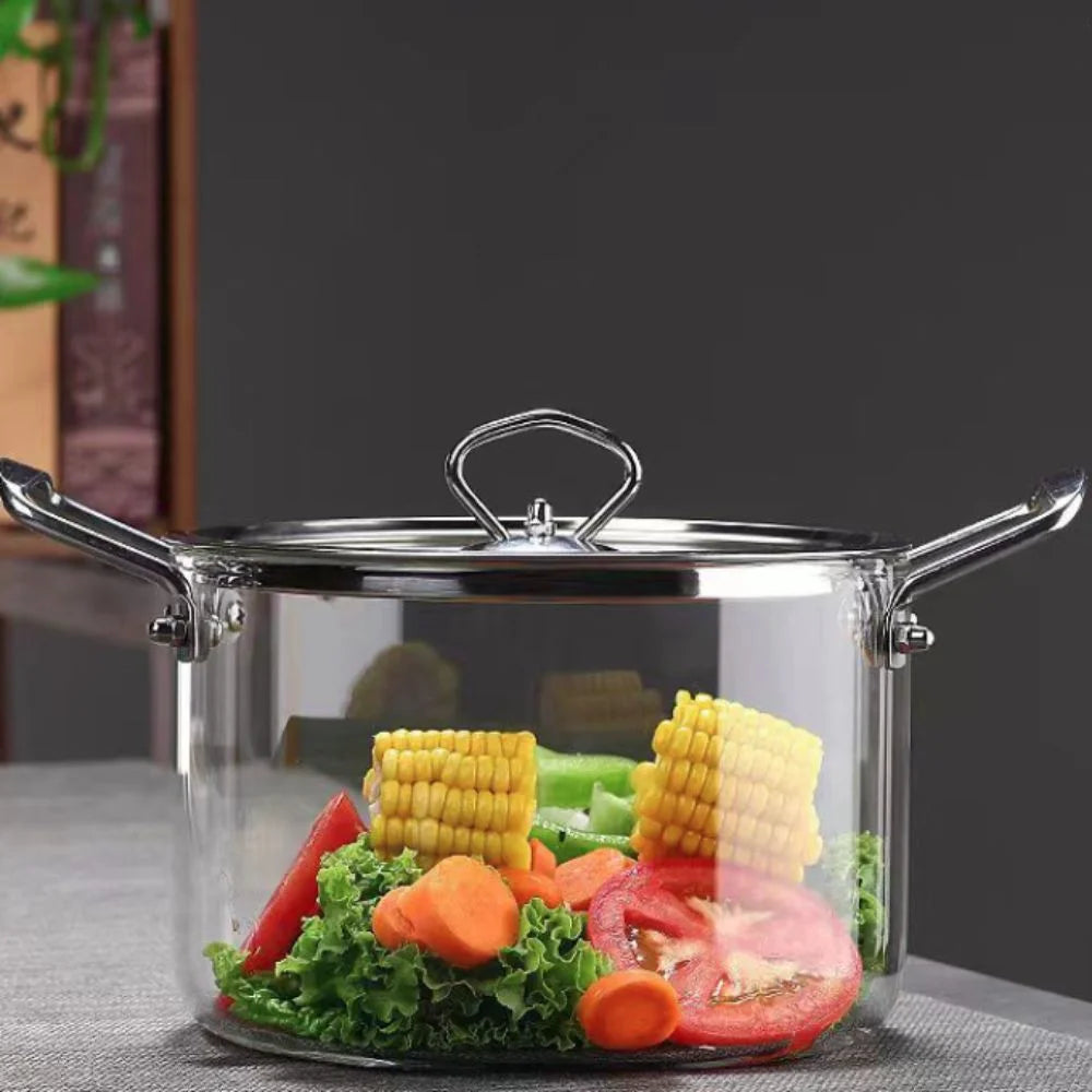 Heat-resistant glass double-eared transparent soup pot kitchen household high borosilicate glass stainless steel handle noodle