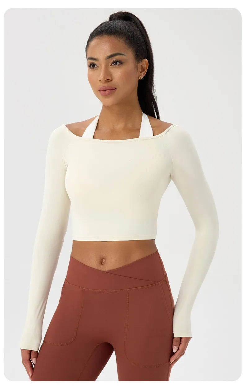 Women Sexy Off Shoulder Yoga Top Long Sleeve Gym Running Top Solid Quick-Dry Sport Workout Shirt