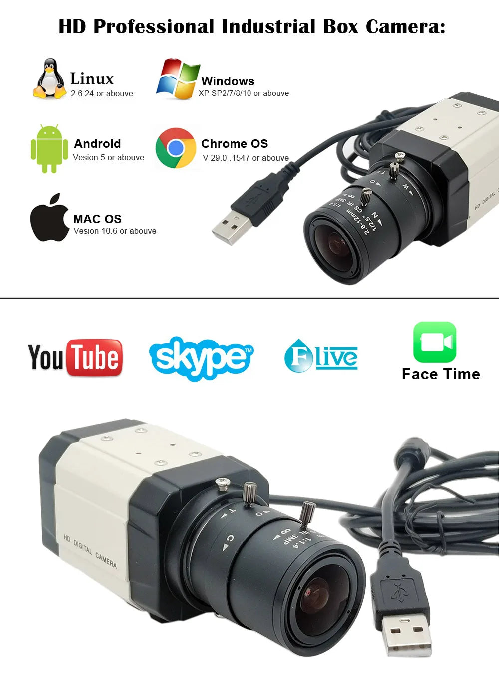 4MP 30fps 2560x1440 High Speed UVC USB Webcam 5-50mm / 2.8-12mm Varifocal  Zoom Lens option 720P USB 1280*720 USB Camera