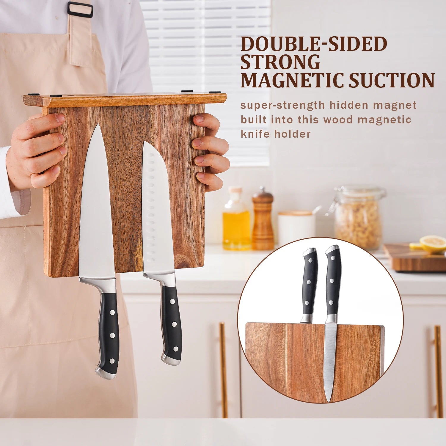 Acacia Wood Magnetic Knife Block Holder Strong Magnet Kitchen Knife Stand Rack Wooden Knife Storage