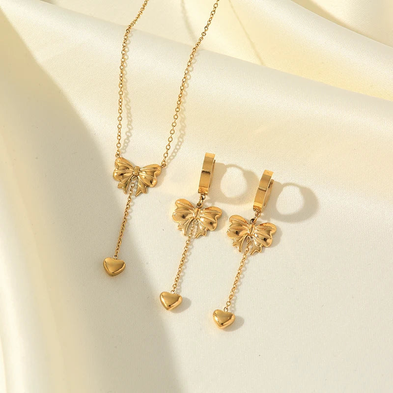 Gold Heart, Star & Flower Necklace and Earrings Set for Women – Waterproof Jewellery