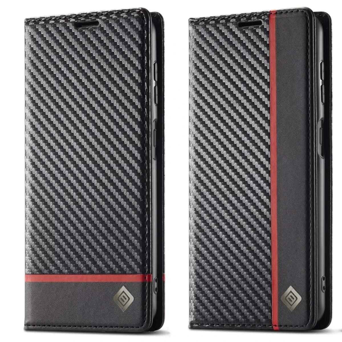 Carbon Fibre PU Leather Wallet Flip Case for iPhone with Card Slot & Magnetic Cover