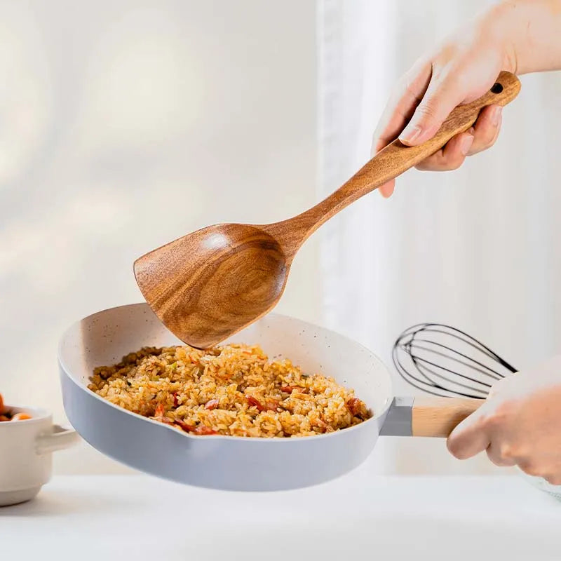 Bohemian Style 5PCS Wooden Kitchen Utensil Set Osier Pattern Spoon & Ladle Non-Stick Cookware Safe Natural Cooking Tools
