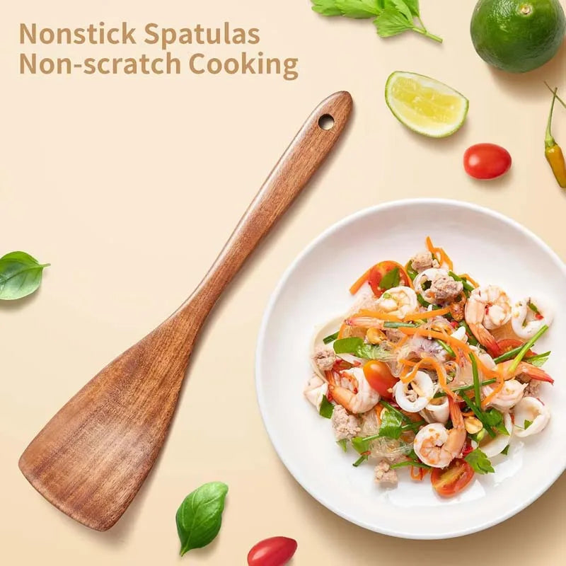 Bohemian Style 5PCS Wooden Kitchen Utensil Set Osier Pattern Spoon & Ladle Non-Stick Cookware Safe Natural Cooking Tools