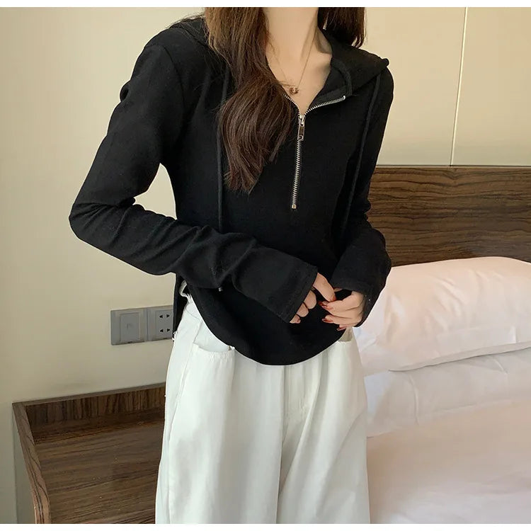 Sweatshirt Design Niche Spring Summer Short Zipper Top Slimming Thin Long-sleeved Hooded Fashion Women's Clothing
