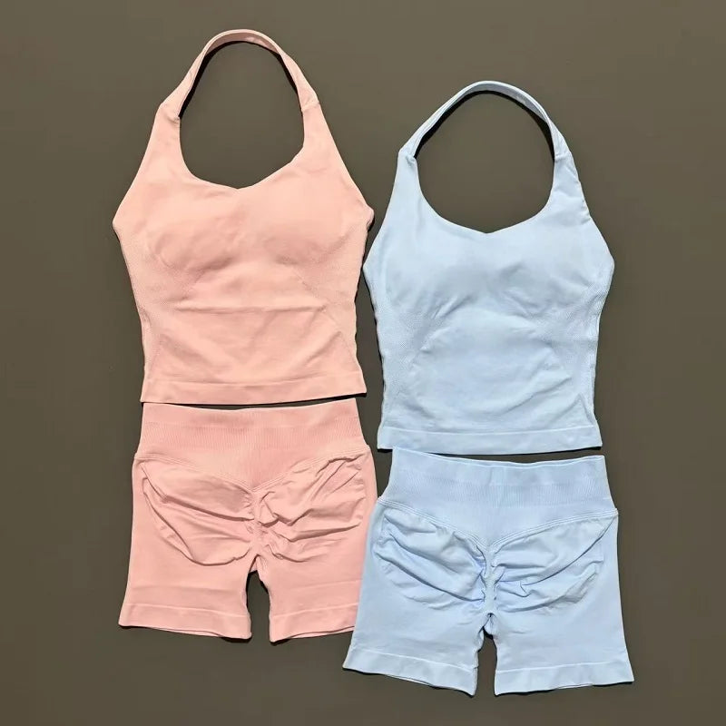 2 Pcs HISTELLO Halter Top Strappy Bra Shorts Set Women Yoga Workout Clothes Seamless Vest Hip-Lifting Sports Leggings Gym Suit